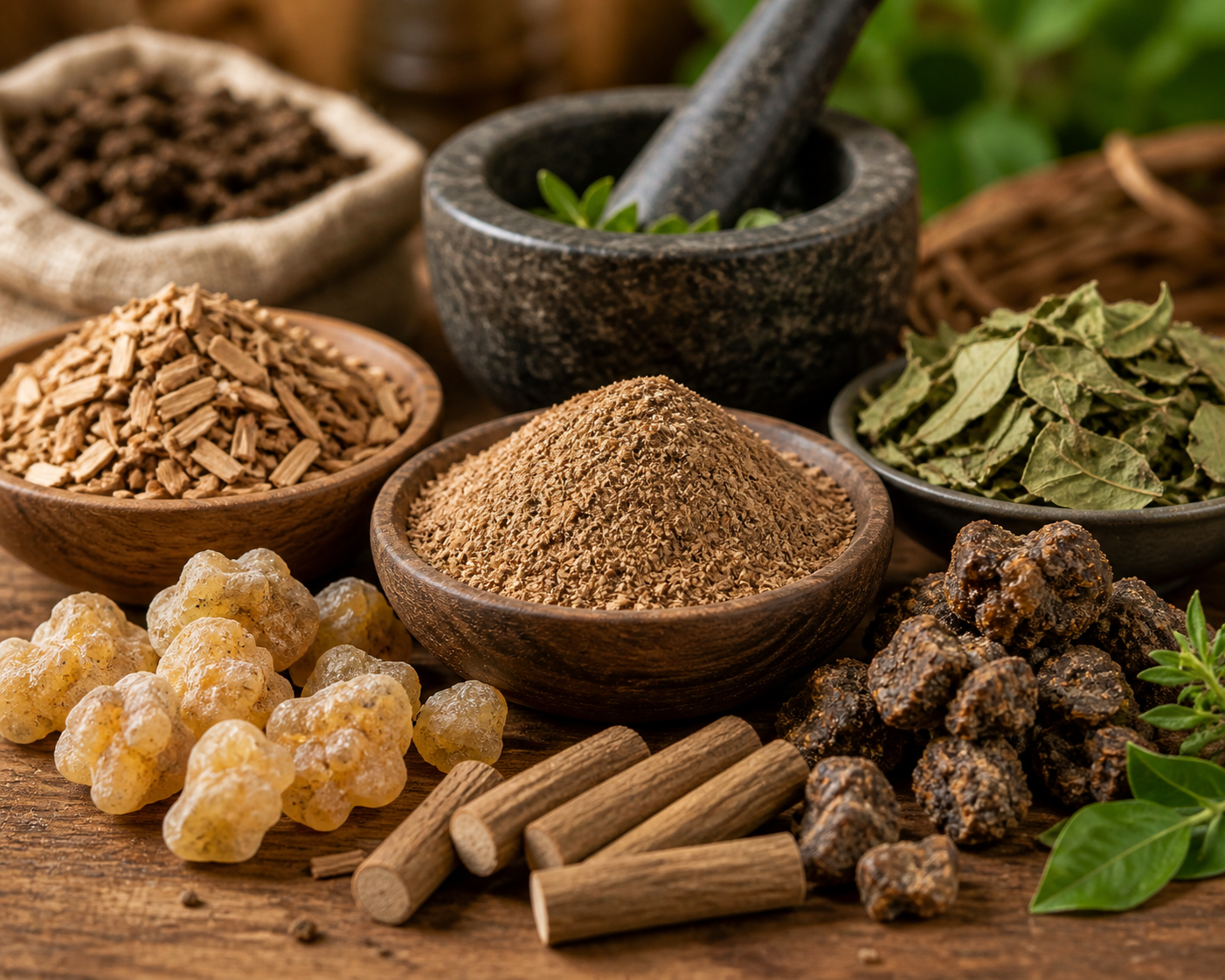 Assorted spices and herbs on a wooden surface with a mortar and pestle.