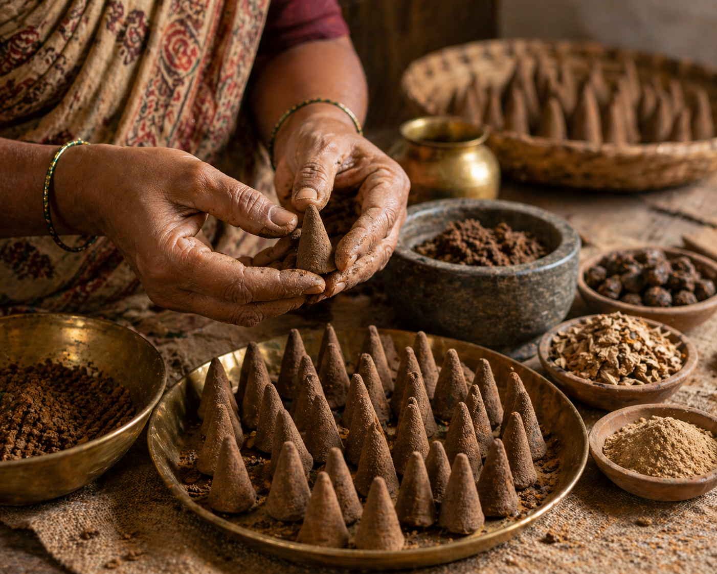 Person making incense cones with various incense ingredients on a wooden surface.