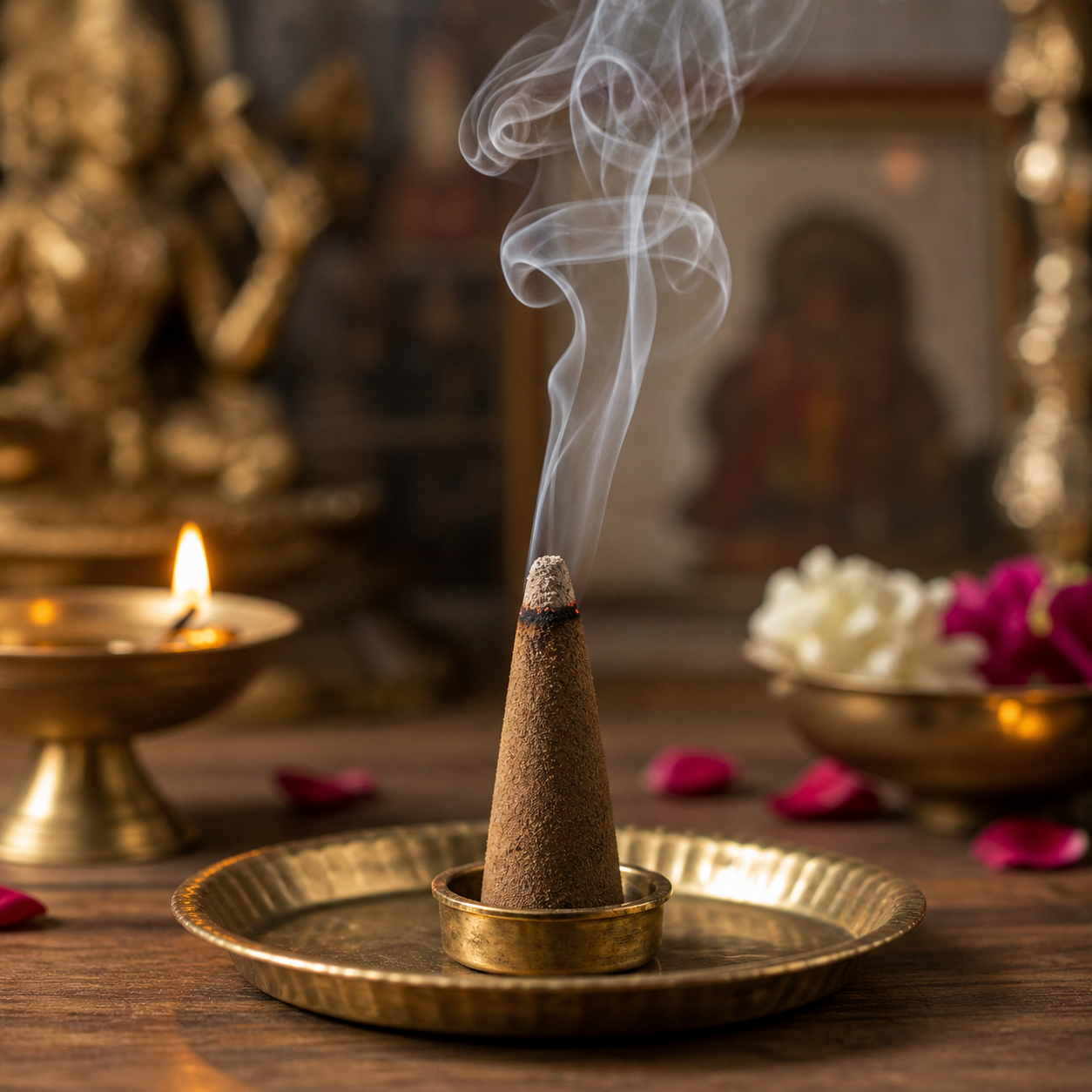 Incense cone with smoke on a brass plate in front of religious statues and offerings.