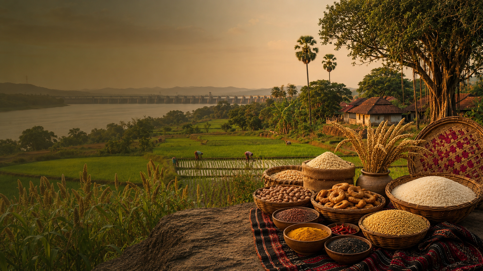Traditional food items on a platter with a scenic background of trees and water.