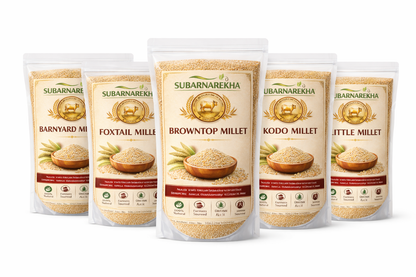 Five Subarnarekha millet packaging on a white background