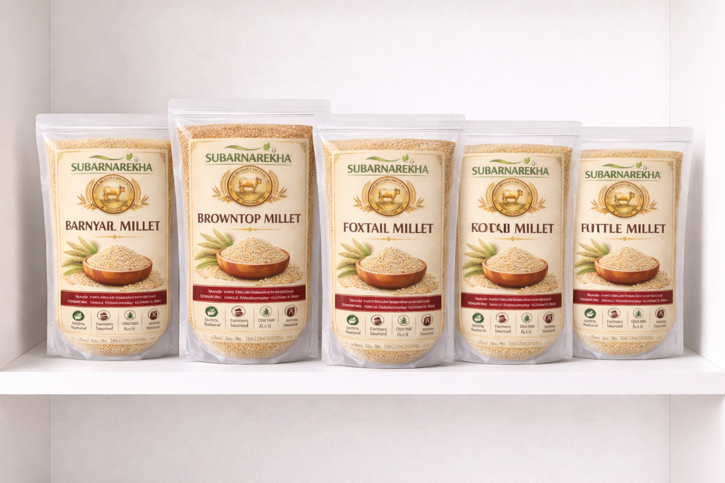 Five Subarnarekha millet packages on a white shelf