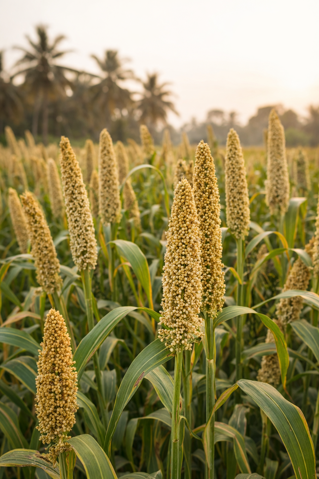 Field of mature sorghum plants with a blurred background