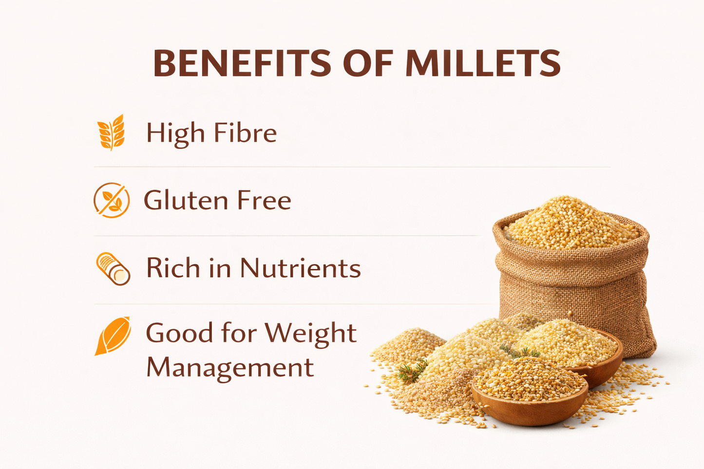 Benefits of millets with text and images on a white background