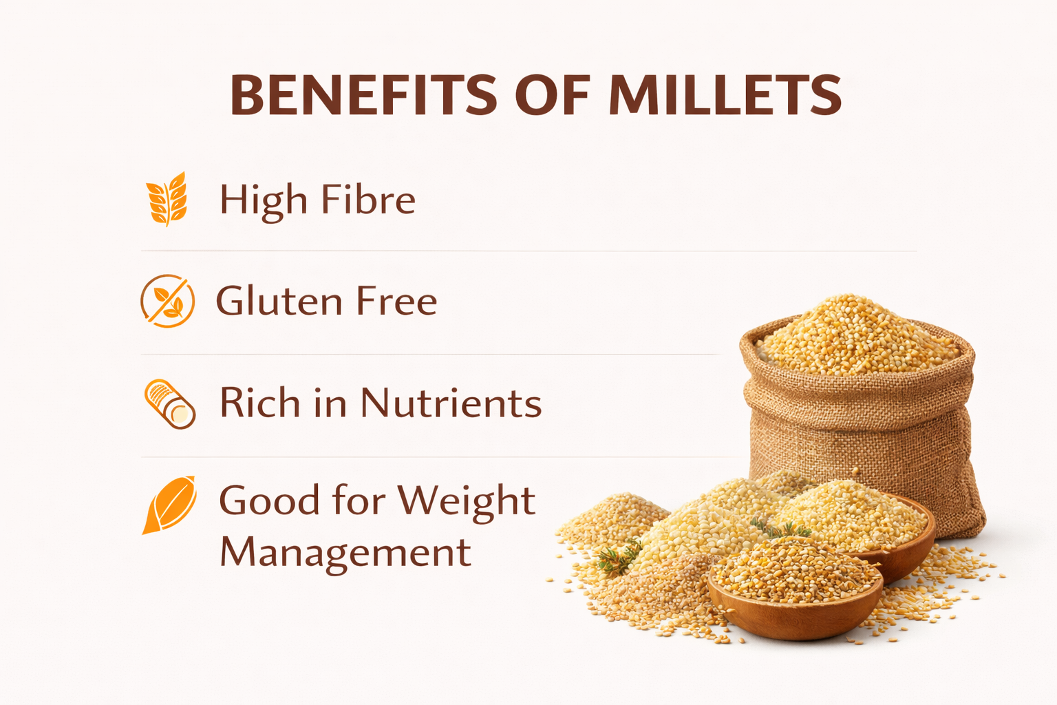 Benefits of millets with text and images on a white background