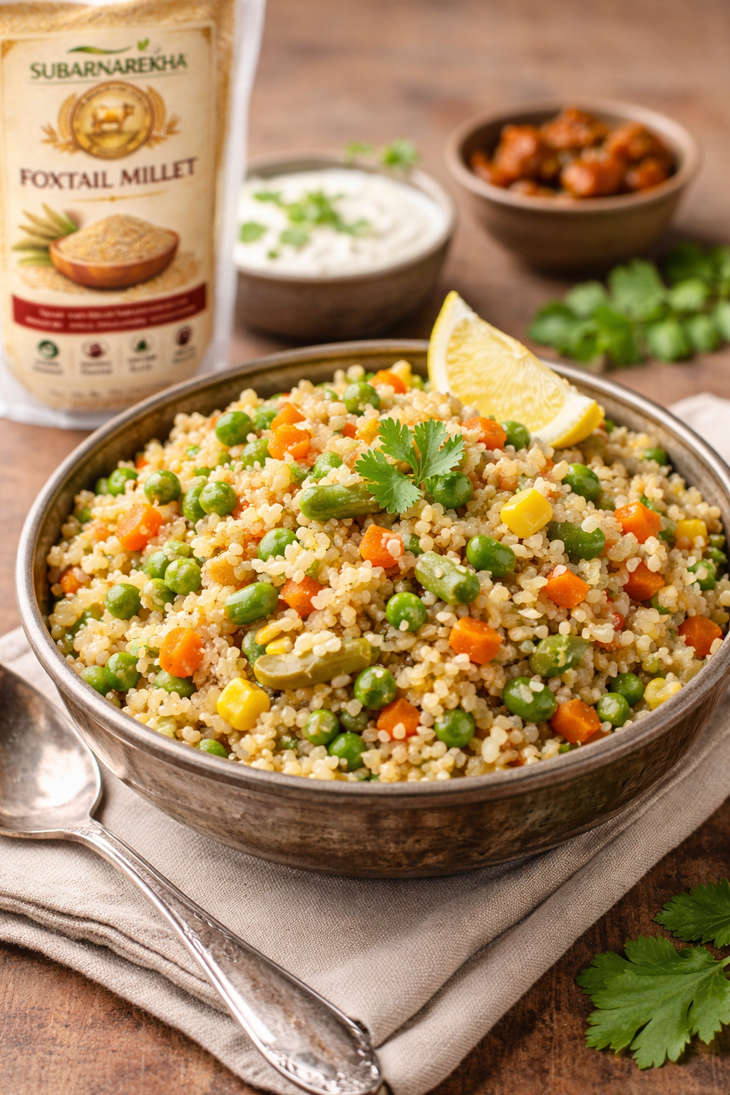 Bowl of millet salad with vegetables and a lemon wedge, Subarnarekha Foxtail Millet package in the background.