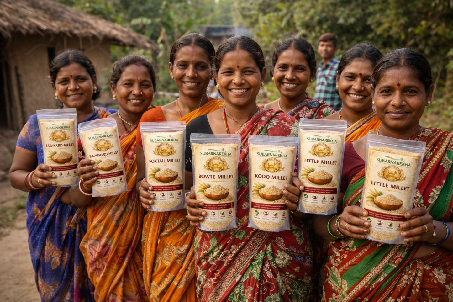 Group of women holding packages of 'Little Millet' with a rural setting in the background.