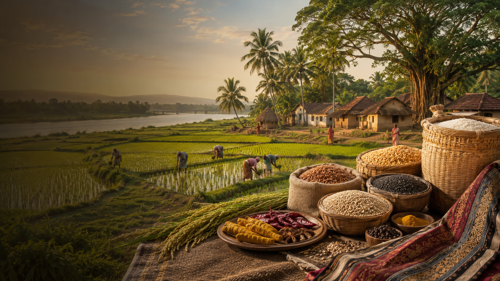 Scenic view of a village by a river with people working in a field, featuring various food items and baskets.