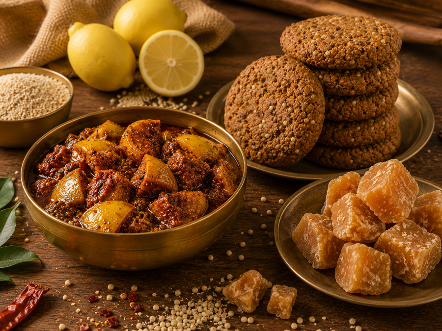 Assorted food items including a bowl of curry, cookies, and candied ginger on a wooden surface.