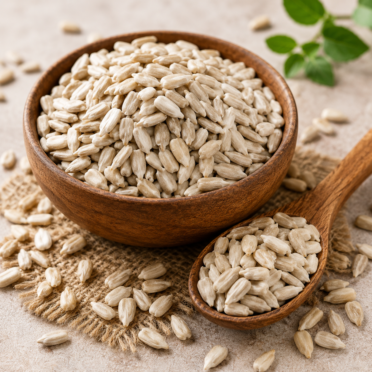 Wooden bowl and spoon filled with light brown seeds on a textured surface.