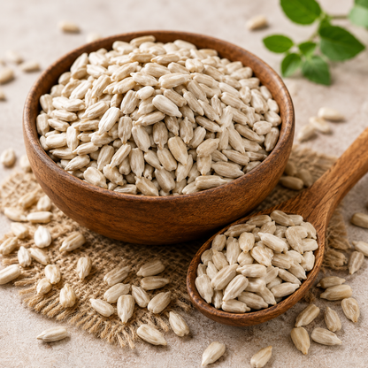 Wooden bowl and spoon filled with light brown seeds on a textured surface.