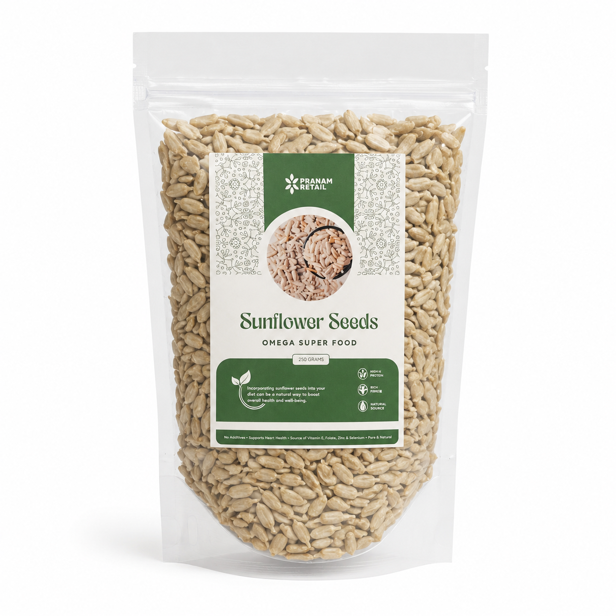 Packaged sunflower seeds with a label on a white background