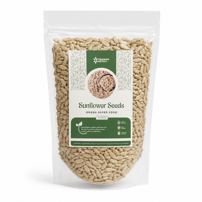 Packaged sunflower seeds with a label on a white background
