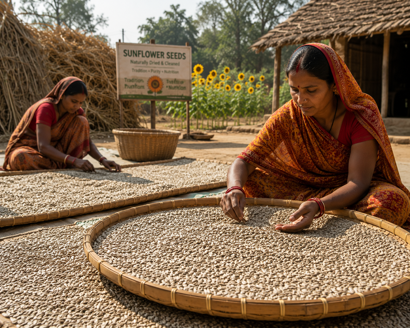 Two women sorting sunflower seeds on large trays outdoors with a sign in the background.