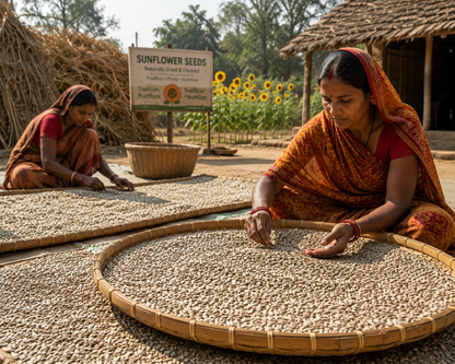Two women sorting sunflower seeds on large trays outdoors with a sign in the background.