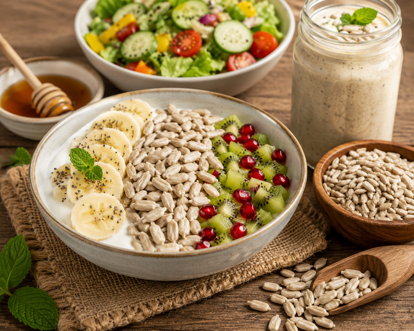 Fiber-rich food items including a bowl of seeds, fruits, and a salad on a wooden table.