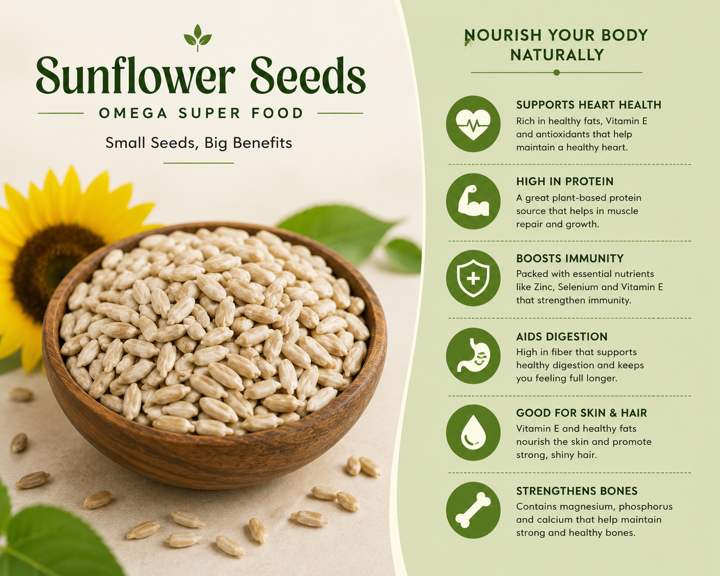 Sunflower seeds in a wooden bowl with sunflower and green leaves on a beige background, featuring text about sunflower seeds' benefits.