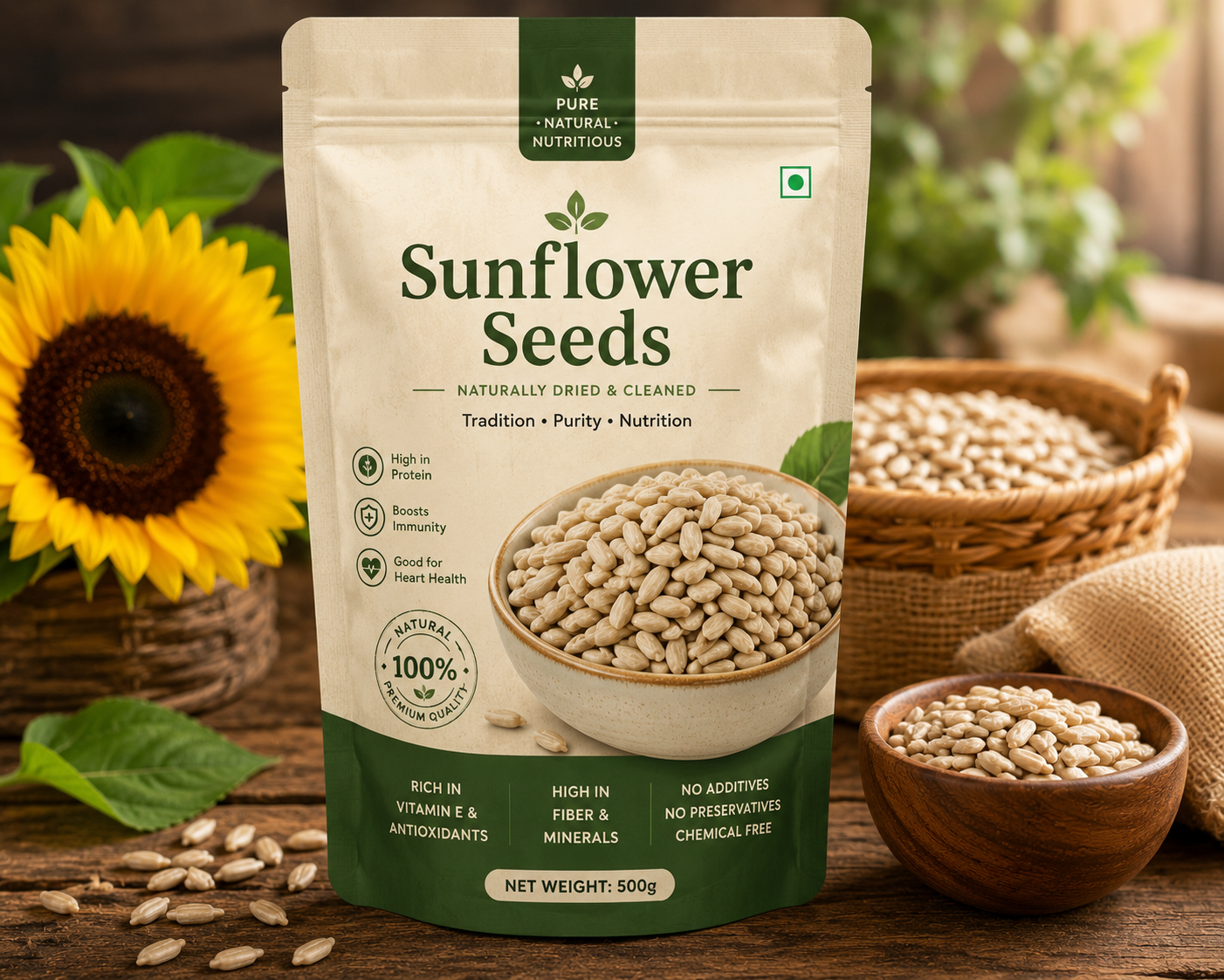 Bag of sunflower seeds with a sunflower and wooden bowls in the background
