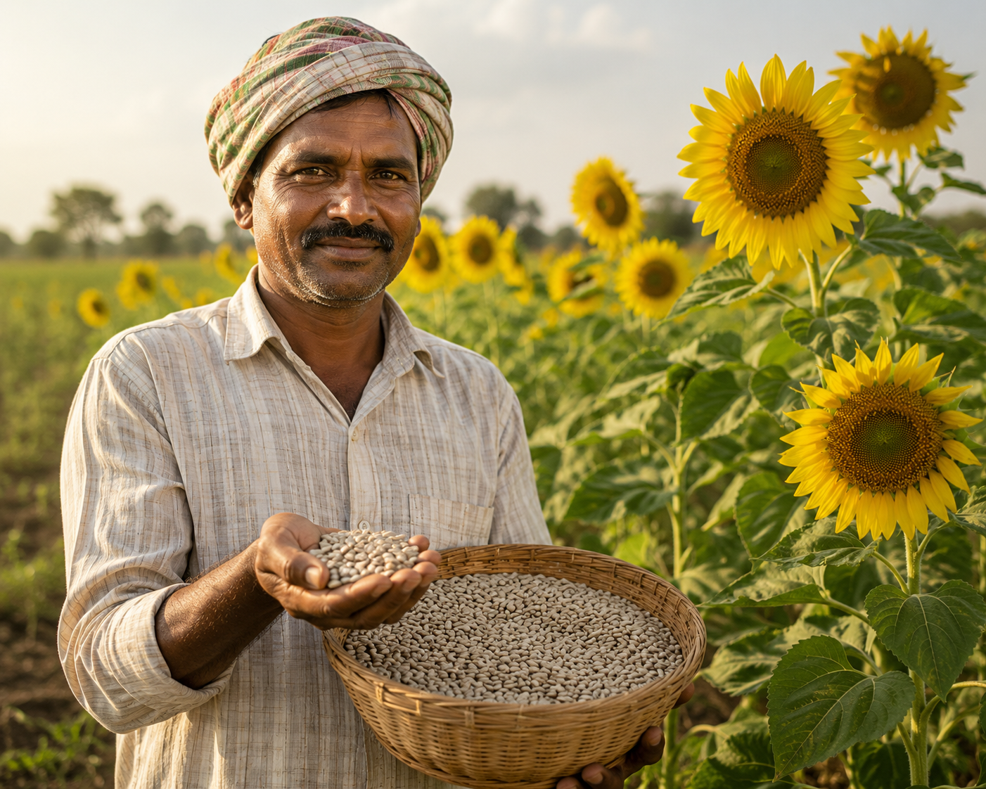 Man holding a basket of seeds in a sunflower field