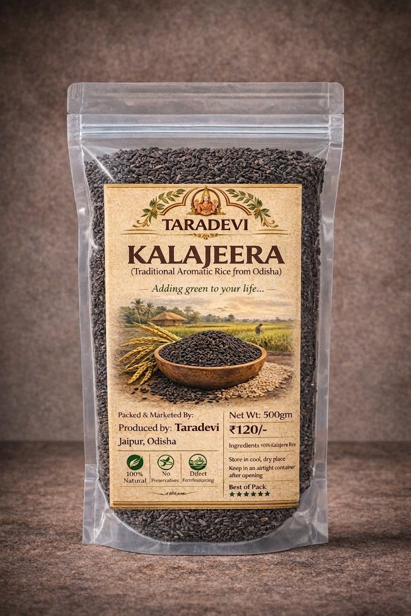 Packaged product of Taradevi Kalajeera with a brown background