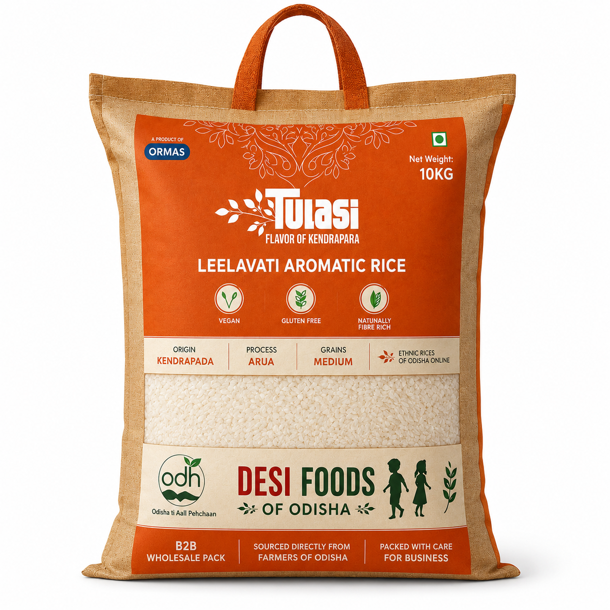 A 10kg bag of Tulasi Leelelavati Aromatic Rice by Desi Foods of Odisha, featuring a natural jute bag with a large orange and beige label.