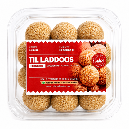 Container of Til Laddoos with a red label on a white background