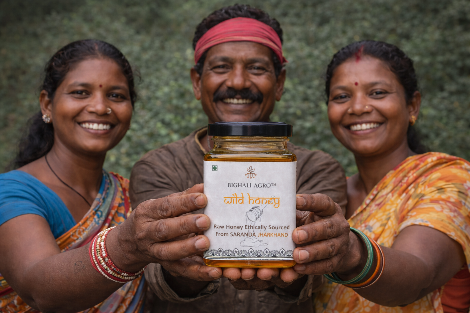 Three people holding a jar of honey with a green background