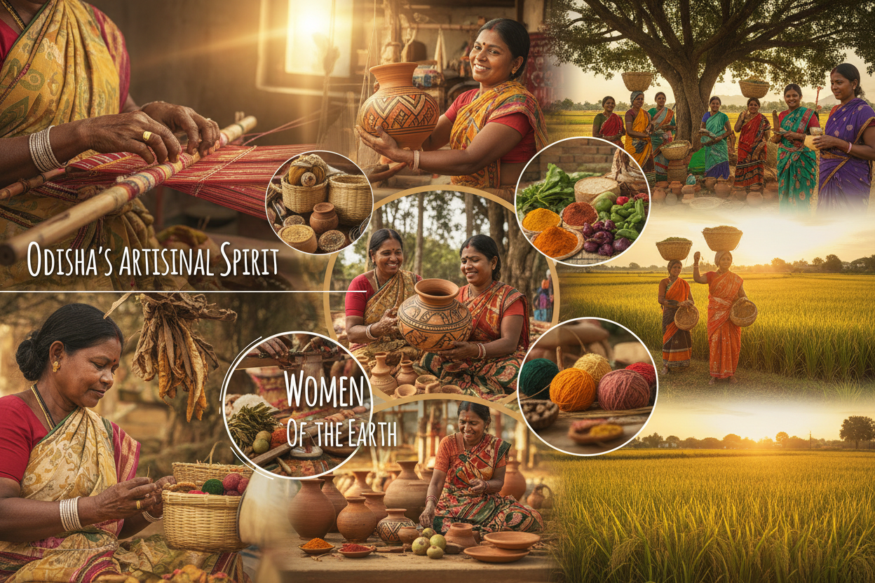 A high-quality, warm, and vibrant photo collage featuring the rural women producers, tribal artisans, and farmers.