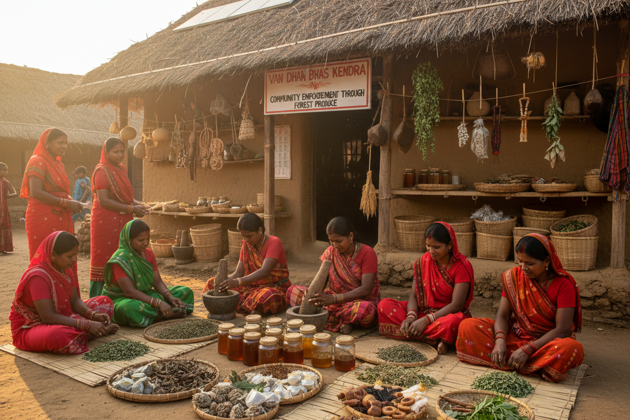 A picture of tribal members at a Van Dhan Vikas Kendra.