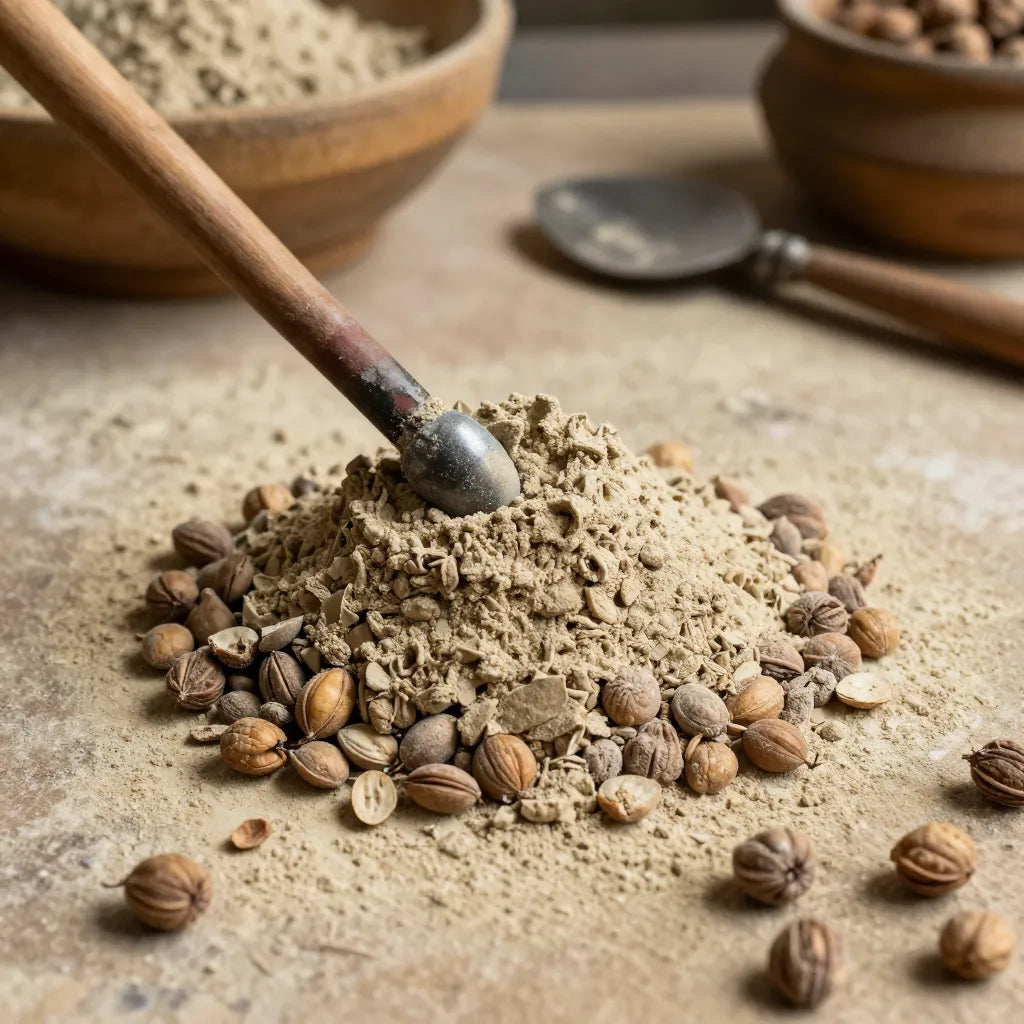 Spices and a scoop on a stone surface