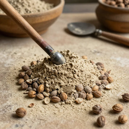 Spices and a scoop on a stone surface