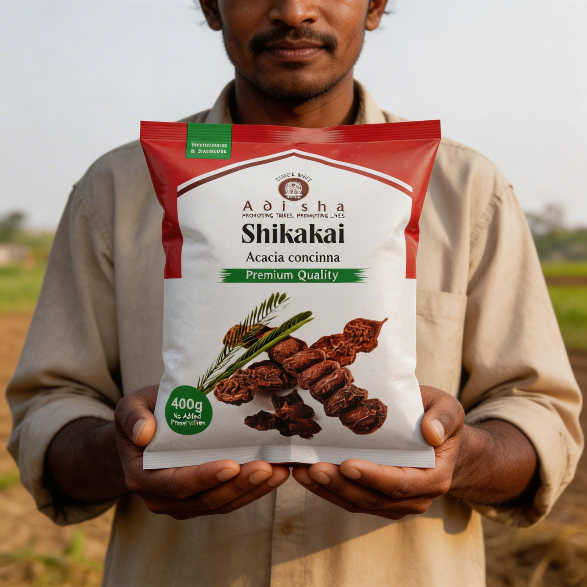 Person holding a package of Adisha Shikakai in an outdoor setting