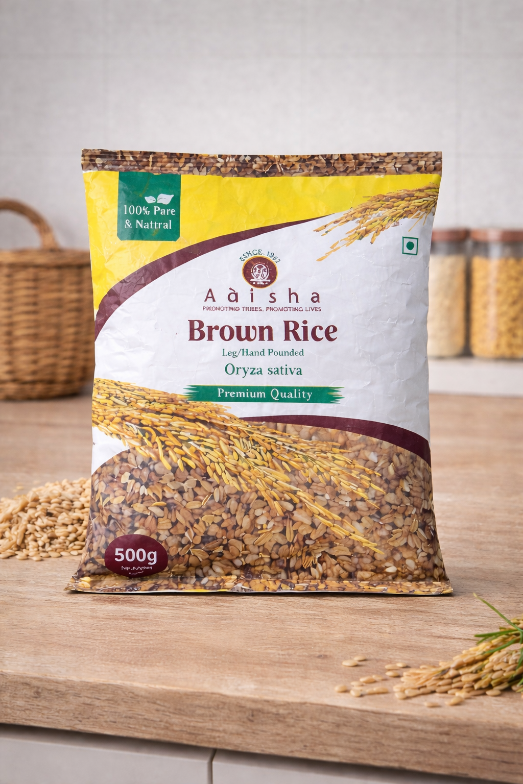 Aisha Brown Rice package on a wooden surface with a neutral background