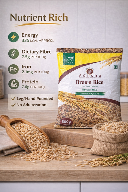 Aisha Brown Rice package with nutritional information on a wooden surface
