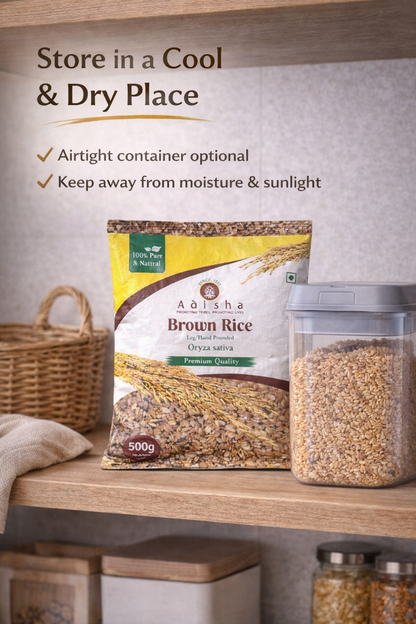 Adisha Brown Rice packaging with storage advice on a wooden shelf.
