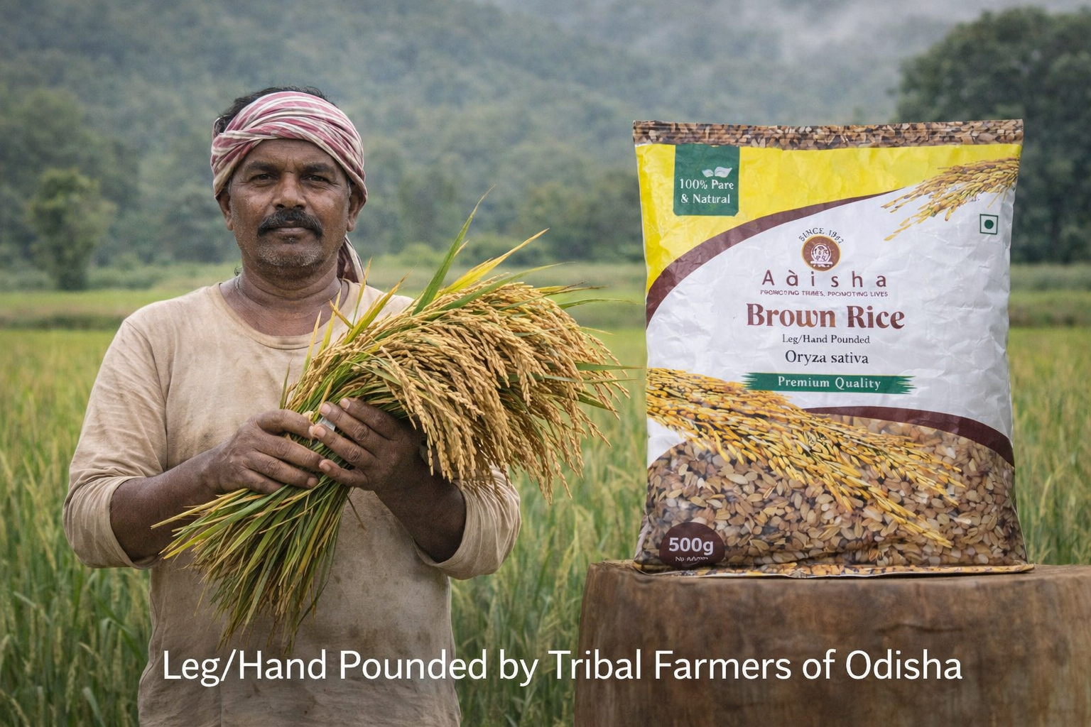 Man holding rice plants next to a package of Adisha Brown Rice in a field.