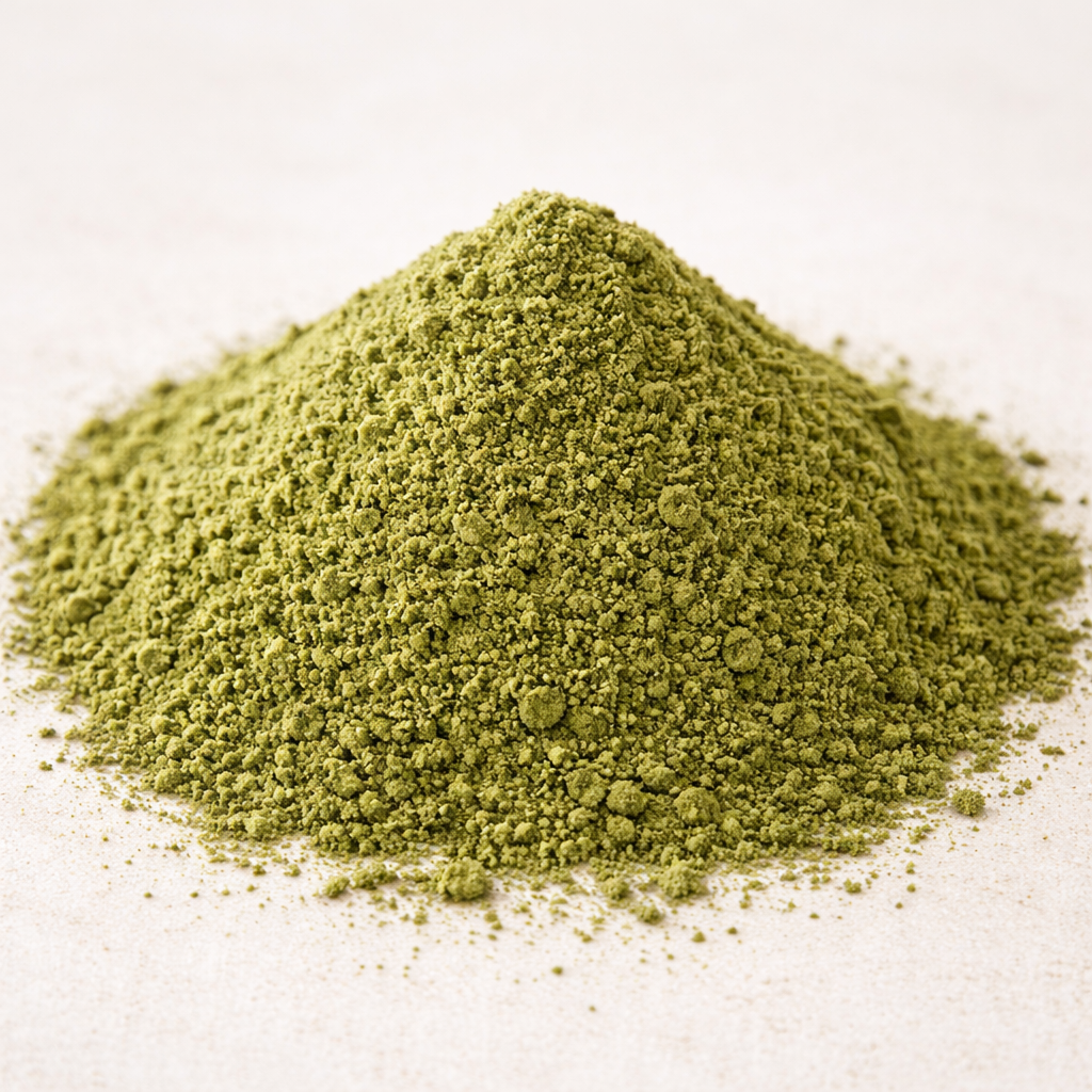 Pile of green powder on a white background