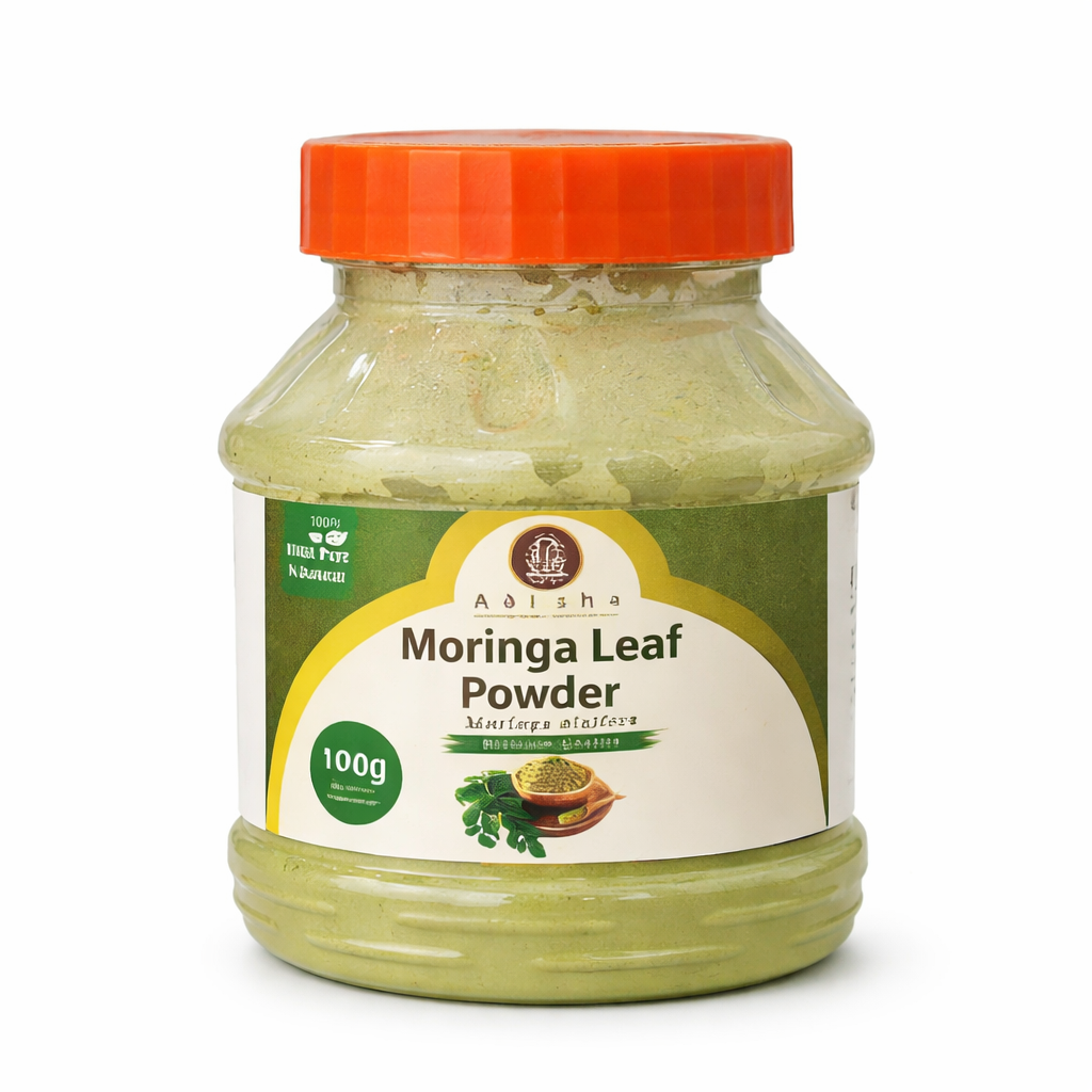 Jar of Adisha Moringa Leaf Powder with a red lid on a white background