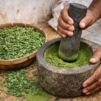 Person using a mortar and pestle to grind green herbs on a woven surface.