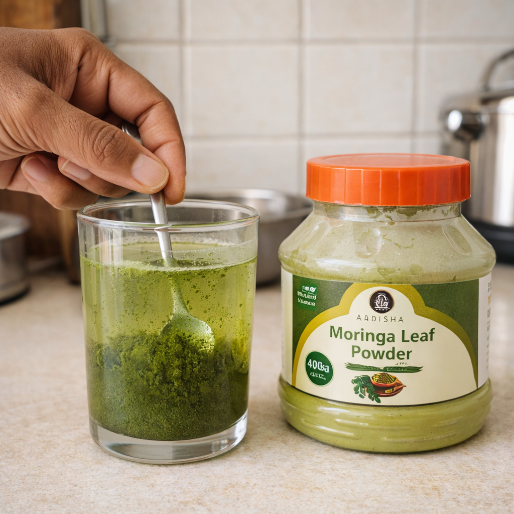 Moringa leaf powder being added to a glass of green liquid on a kitchen counter.