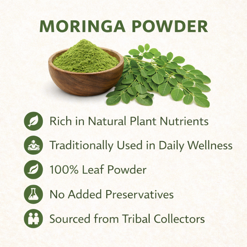 Moringa powder in a wooden bowl with moringa leaves on a white background, featuring text about the product.