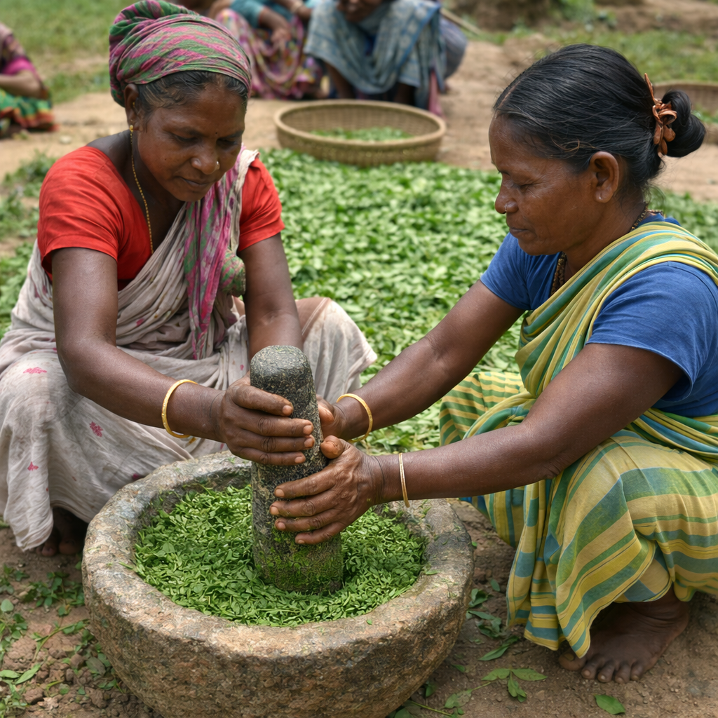 Two women using a traditional stone grinder to process green leaves outdoors.
