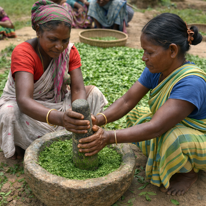 Two women using a traditional stone grinder to process green leaves outdoors.