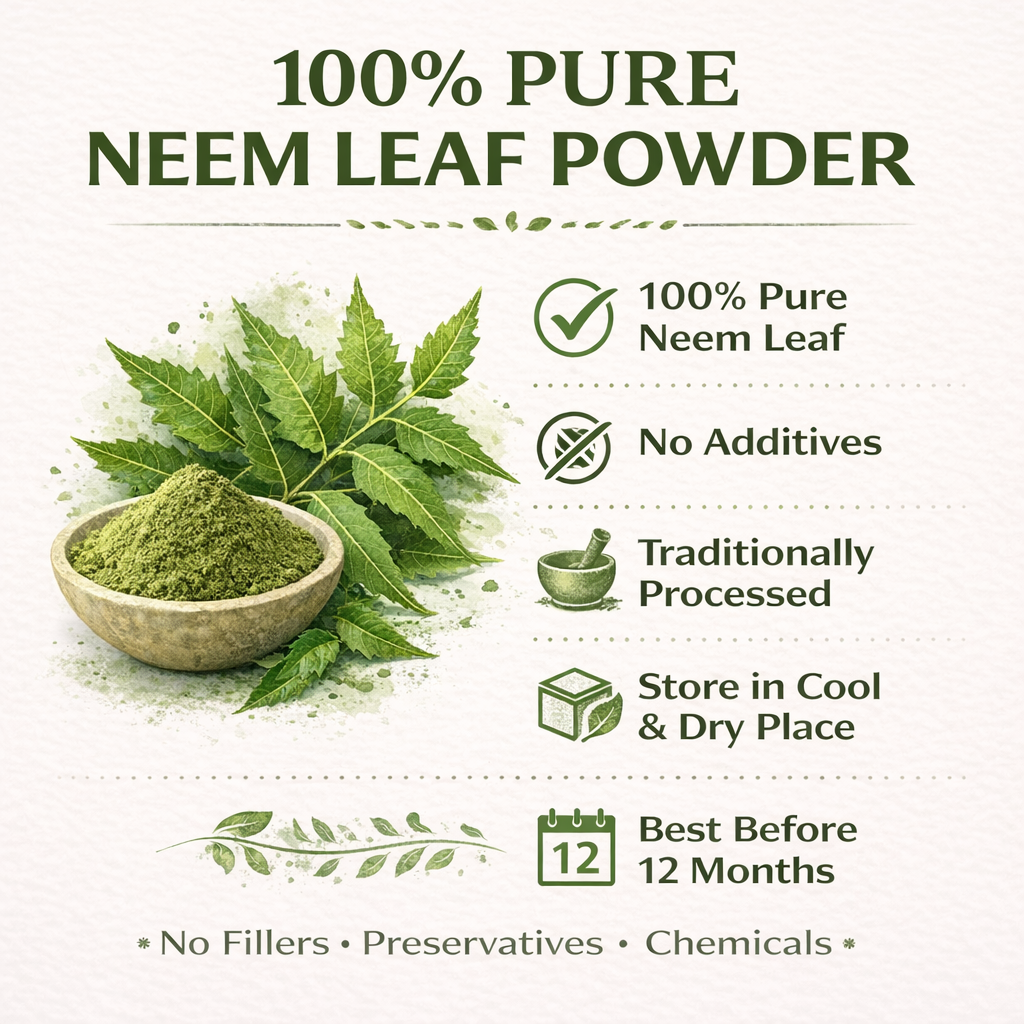 100% Pure Neem Leaf Powder with leaf and powder in a bowl on a light background