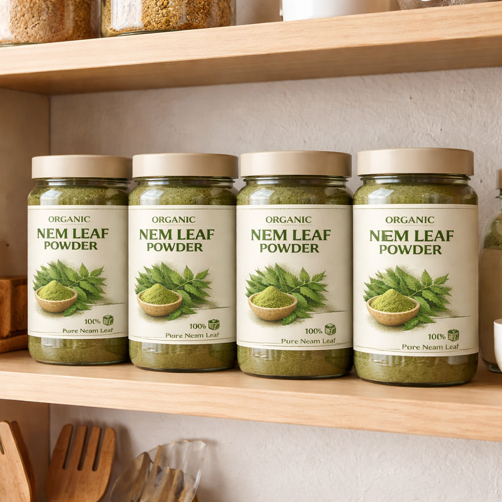 Four jars of Organic Nem Leaf Powder on a wooden shelf with kitchen utensils.