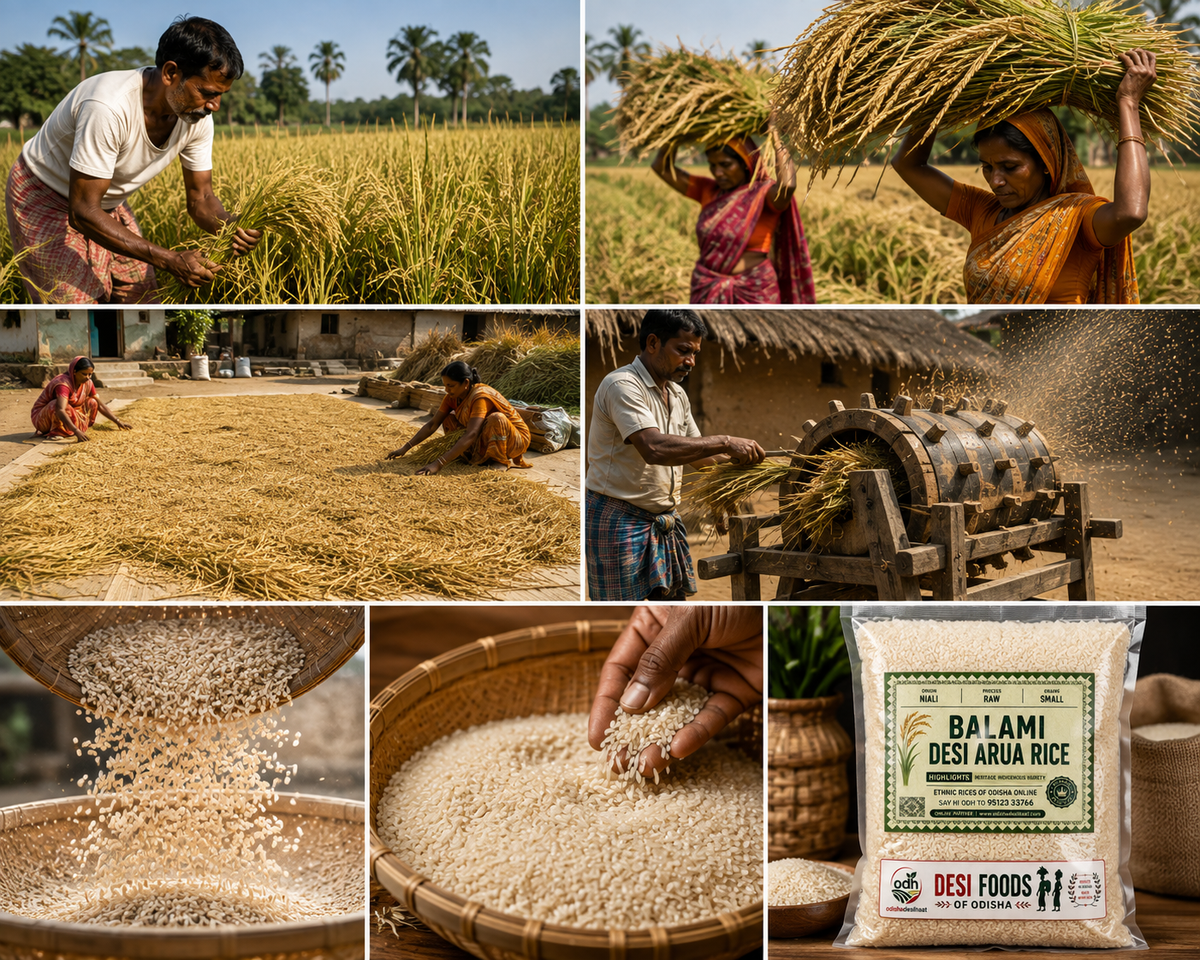A collage of six photos showing rice cultivation and processing: farmers harvesting ripe rice in a field.
