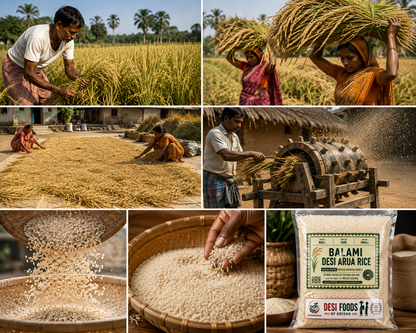 A collage of six photos showing rice cultivation and processing: farmers harvesting ripe rice in a field.