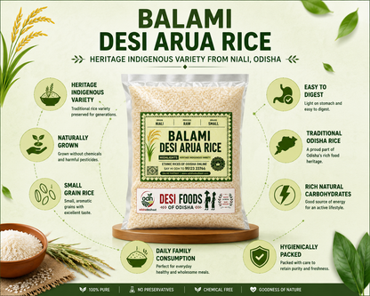 A promotional infographic for Balami Desi Arua Rice by Desi Foods.