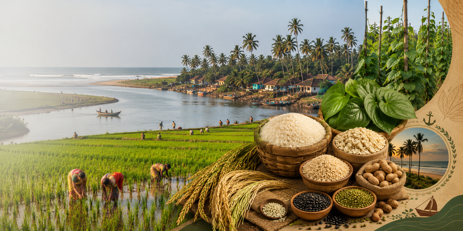 A scenic view of a coastal landscape with people working in a field, followed by a display of various grains and seeds.