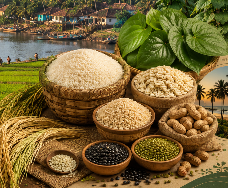 Assorted grains and legumes in wooden bowls with a scenic background of a village by a river.